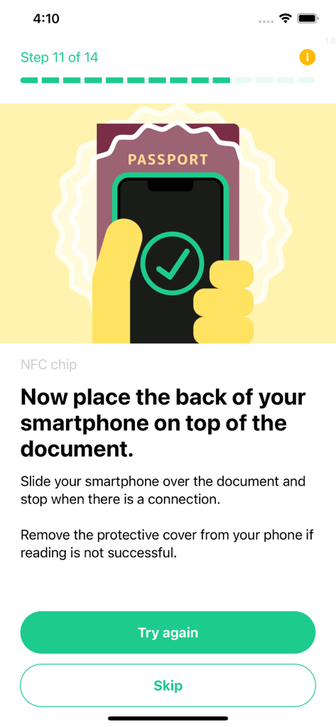 Victoria-ID - Victoria-ID app screen showing instructions to place a smartphone on a passport for NFC chip reading