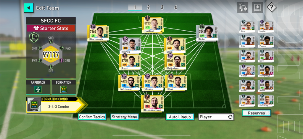 SEGA Football Club Champions team management screen showing a tactical 3-4-3 formation with real world players and club statistics.