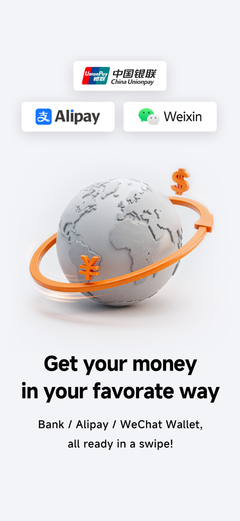 KoalaRemit mobile app screen showing international money transfer options for Alipay WeChat and UnionPay with a globe illustration