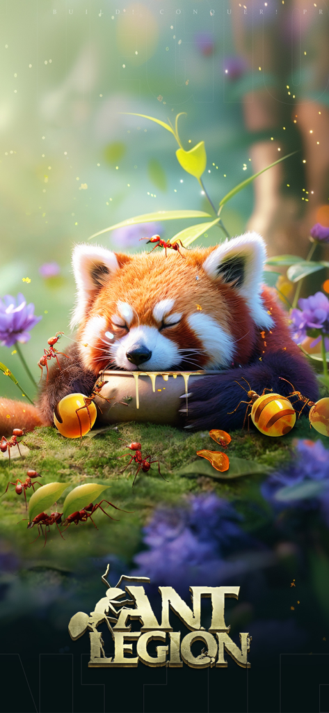 Ant Legion - Formigas colhendo mel e folhas perto de um panda vermelho adormecido em Ant Legion