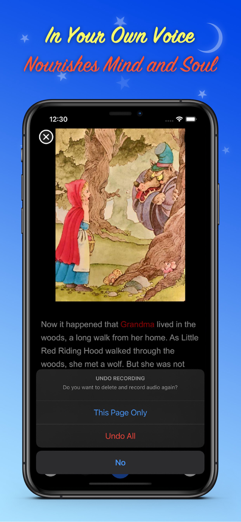 Read Me A Story - A screenshot of the Read Me A Story app displaying a classic Little Red Riding Hood illustration and a voice recording undo menu.