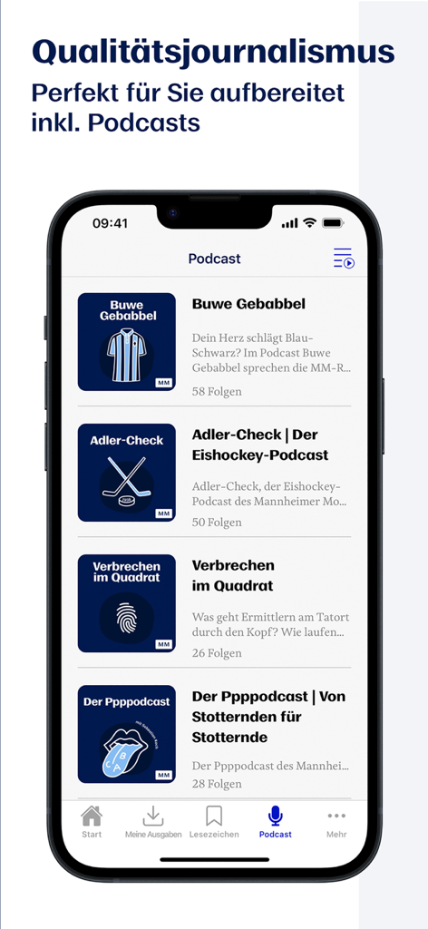 Ein Mobiltelefon zeigt den Podcast-Bereich der FN E-Paper App mit lokalen deutschen Audioinhalten