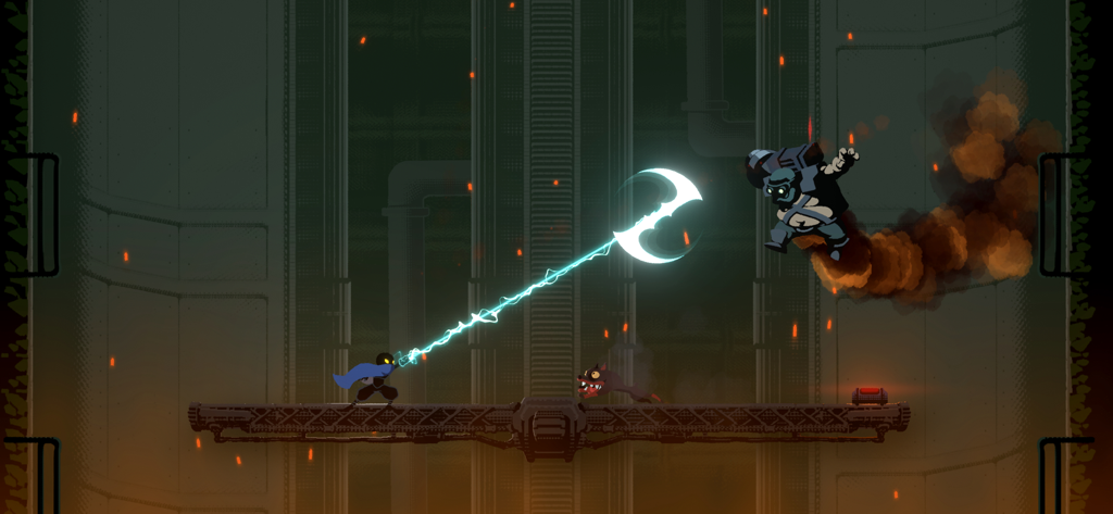 El protagonista de HAAK usa un gancho brillante para luchar contra un enemigo mecánico volador en un páramo de pixel art.