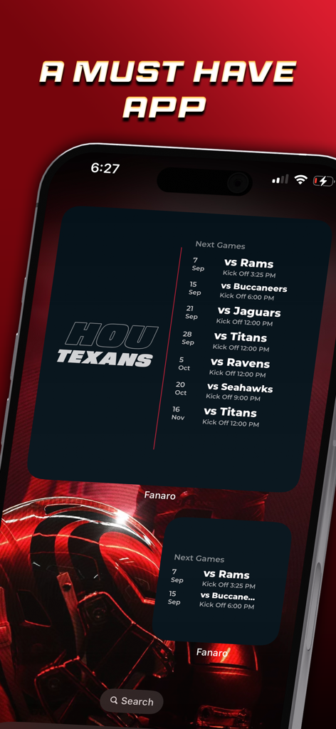 Fanaro: Sports Widgets - Widgets deportivos de la aplicación Fanaro que muestran el horario de la NFL para los Houston Texans en un iPhone
