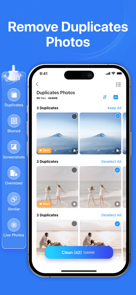 Smart Cleaner app interface for identifying and removing duplicate photos on iPhone