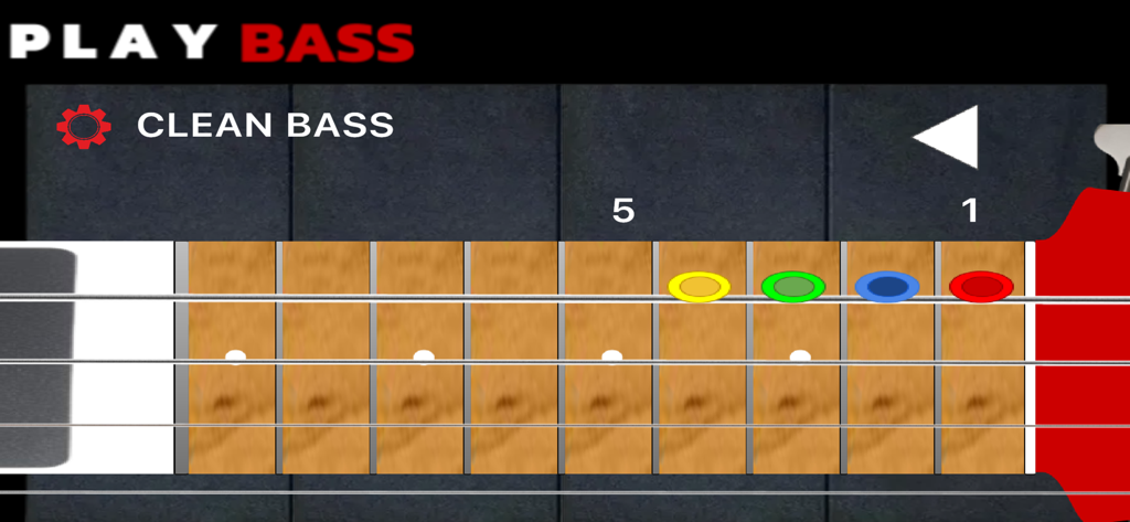 Play Bass: Real Bass Simulator - Play Bass app interface showing a virtual bass guitar fretboard with colored note markers for practice