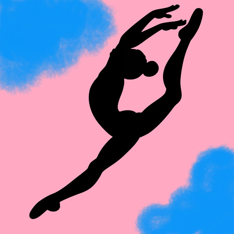 gymnast doing a leap in a leotard with a bent back leg