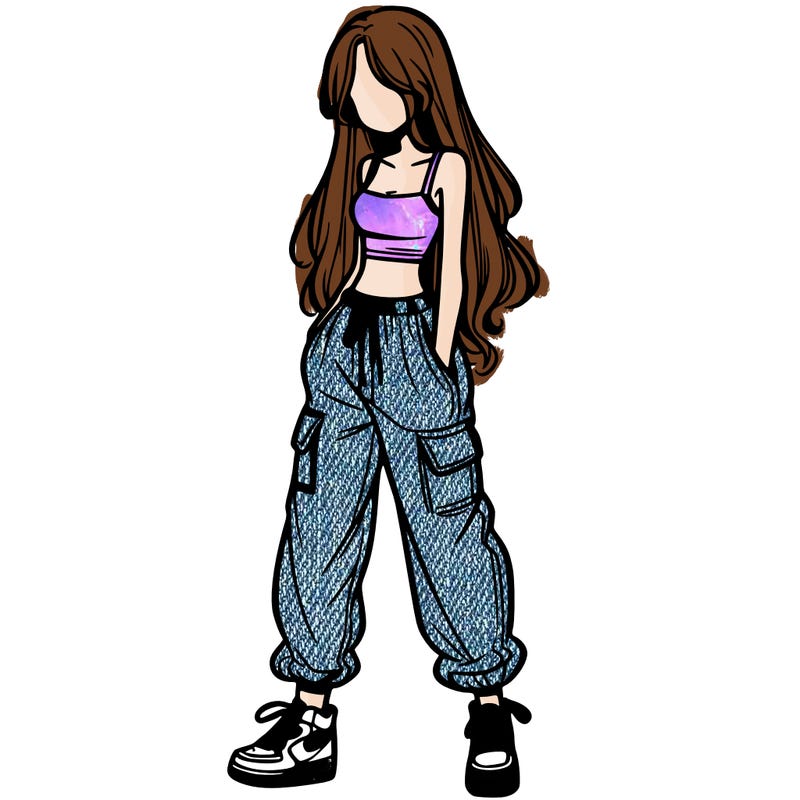 girl in baggy pants crop top and long hair