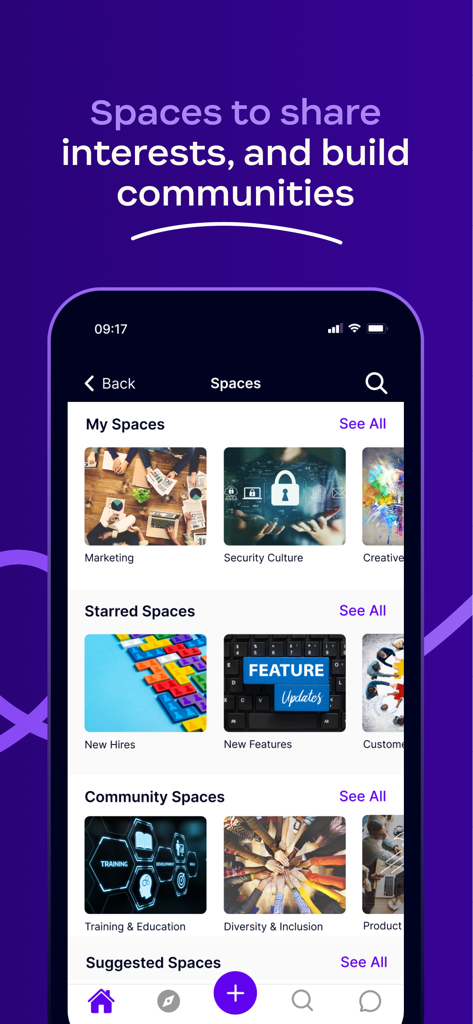 Workvivo - Workvivo app interface showing various employee interest groups and community spaces like Marketing and Diversity and Inclusion