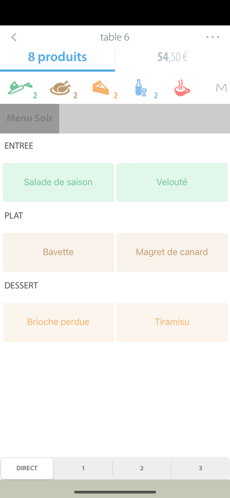 Popina - Interface TPV iPad Popina affichant un menu de restaurant pour la prise de commande avec entrées, plats et desserts