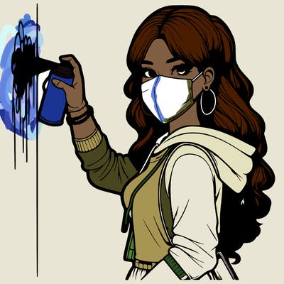 realistic girl with mask spray painting a wall