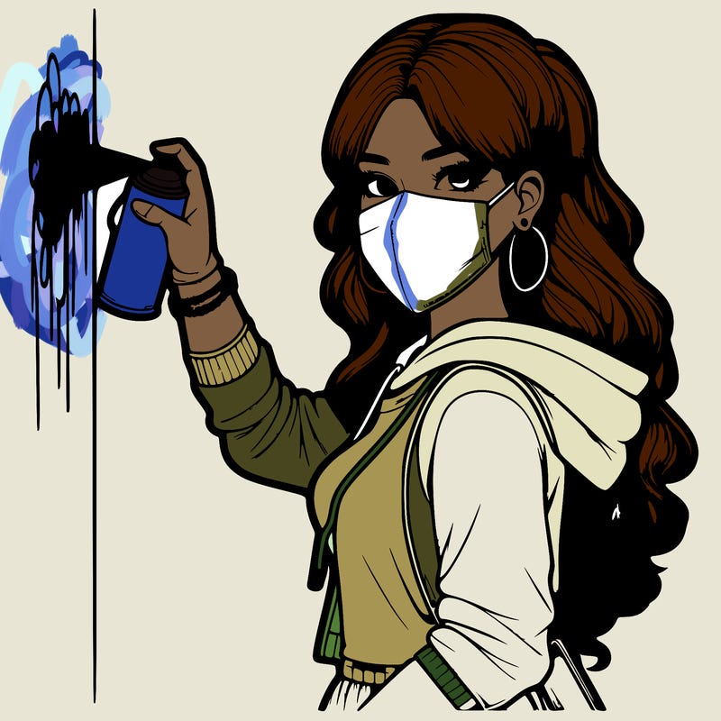 realistic girl with mask spray painting a wall