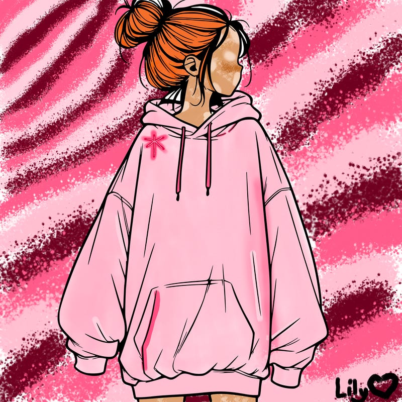 realistic girl with a oversized sweatshirt on and a bun