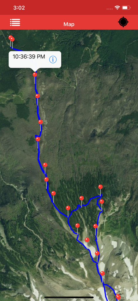 Gpx Viewer-Gpx Converter app - Satellite view of a blue GPX route with red waypoint markers on a forested mountain terrain