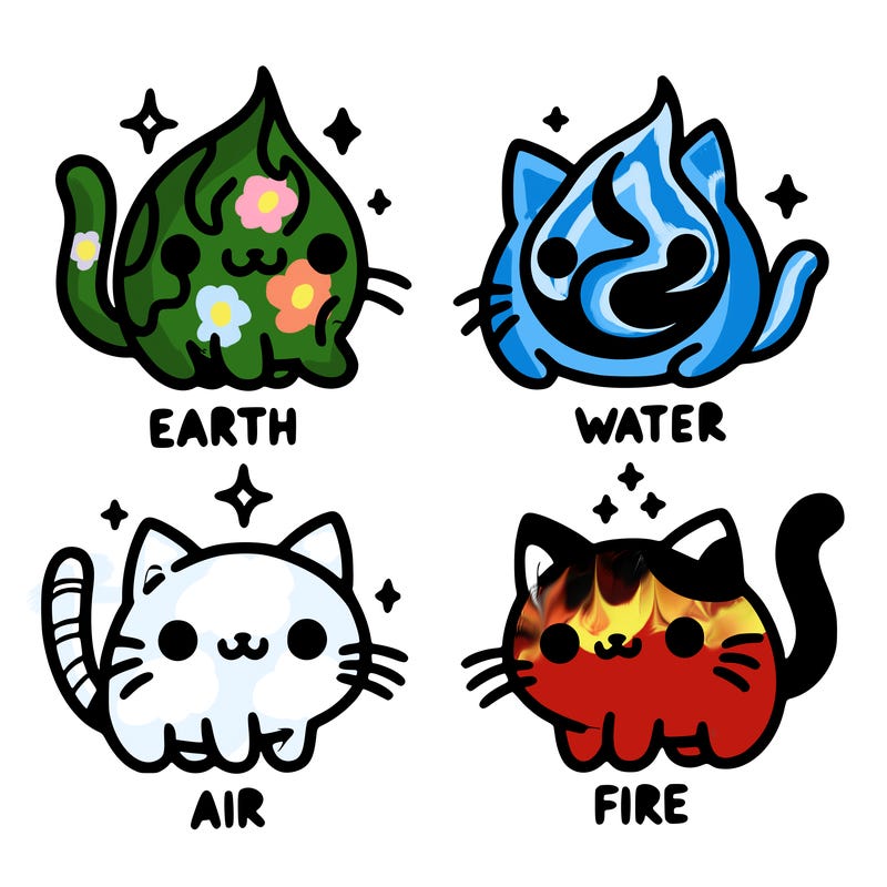 4 cats that represent the different elements, earth, water, air, and fire