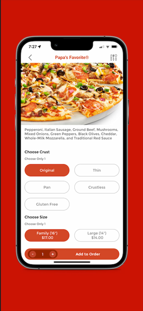 Tela do aplicativo Papa Murphys mostrando opções de personalização para a pizza Papa's Favorite com seleções de massa e tamanho