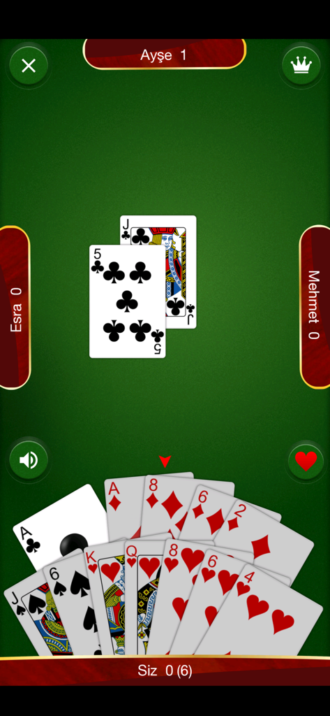 Turkish Batak card game interface showing cards and players on a green table.