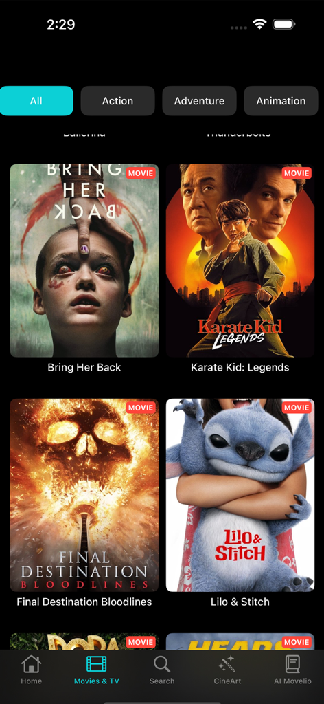 HuraGo app interface displaying a grid of movie posters with genre filters like Action and Animation