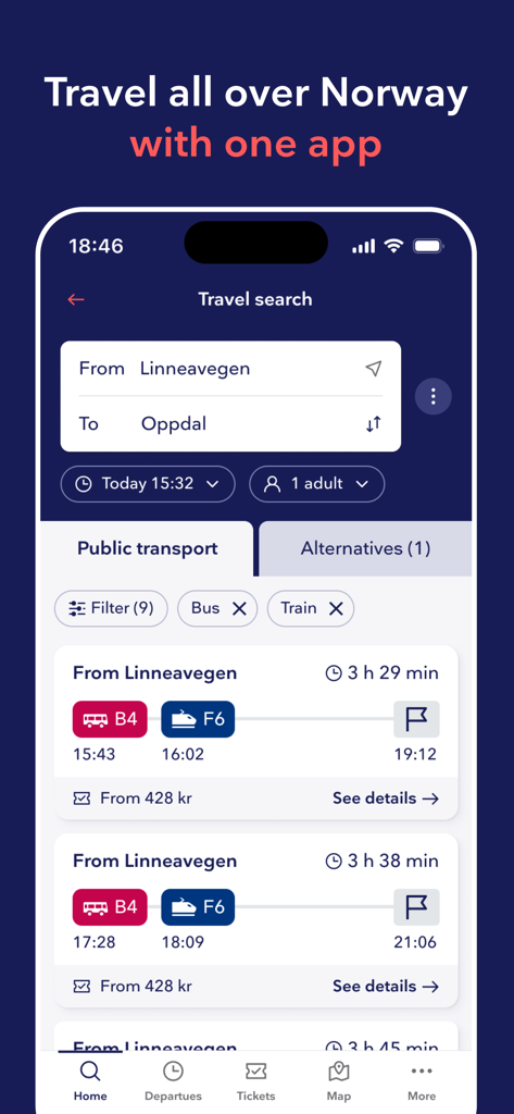 Entur app interface showing public transport travel search results from Linneavegen to Oppdal in Norway