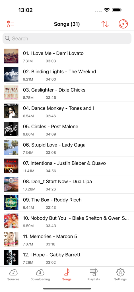 Interface of the Cloud Music Player app displaying a list of downloaded songs with artist names and track durations