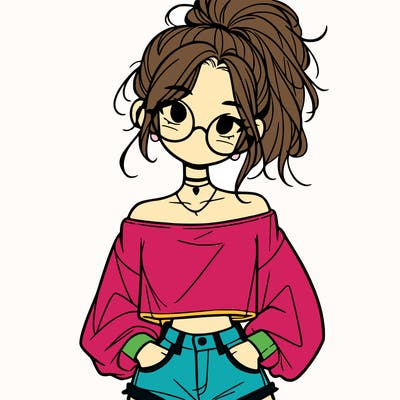 girl with a messy ponytail glasses a baggy crop top and jean shorts