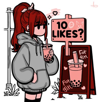 girl with oversized hoodie drinking boba and she has a high ponytail with a sign that says 10likes?