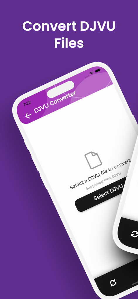 DJVU Converter, DJVU to PDF - A interface principal do aplicativo Conversor DJVU em um smartphone, mostrando um botão para selecionar arquivos DJVU para conversão.