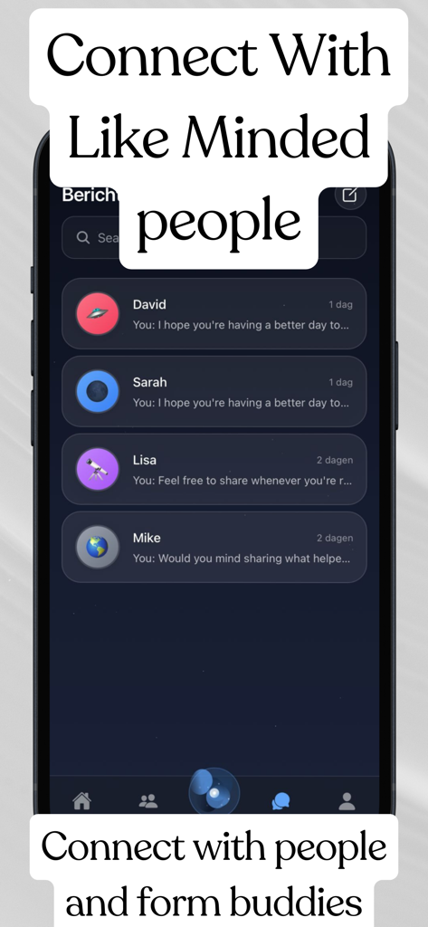 Aurora: AI Therapy & Community - Pantalla de mensajería directa de la aplicación Aurora que muestra conversaciones de chat con miembros de la comunidad en modo oscuro.