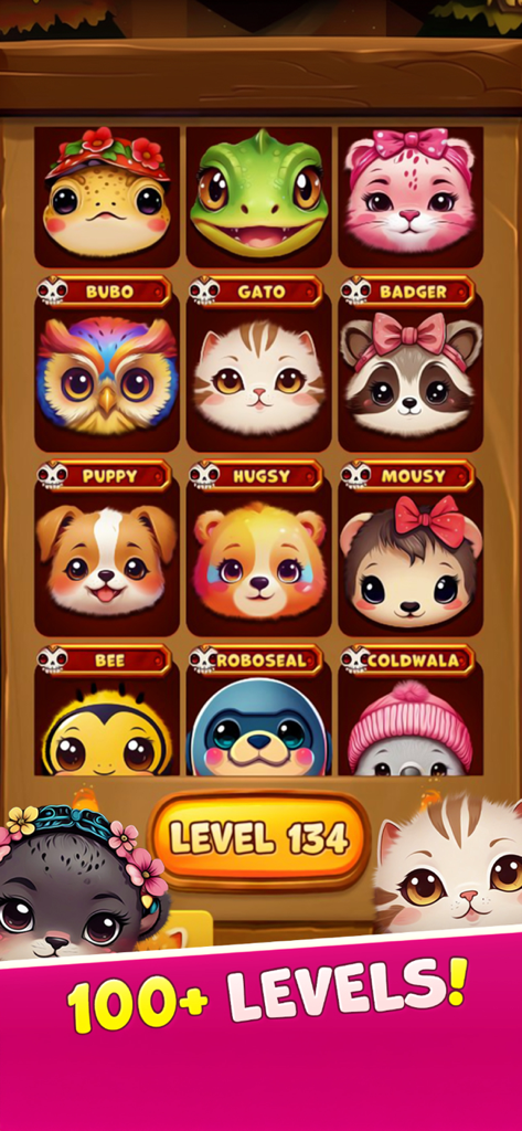 A collection of cute animal characters and a button showing level 134 in the Animal Suika game