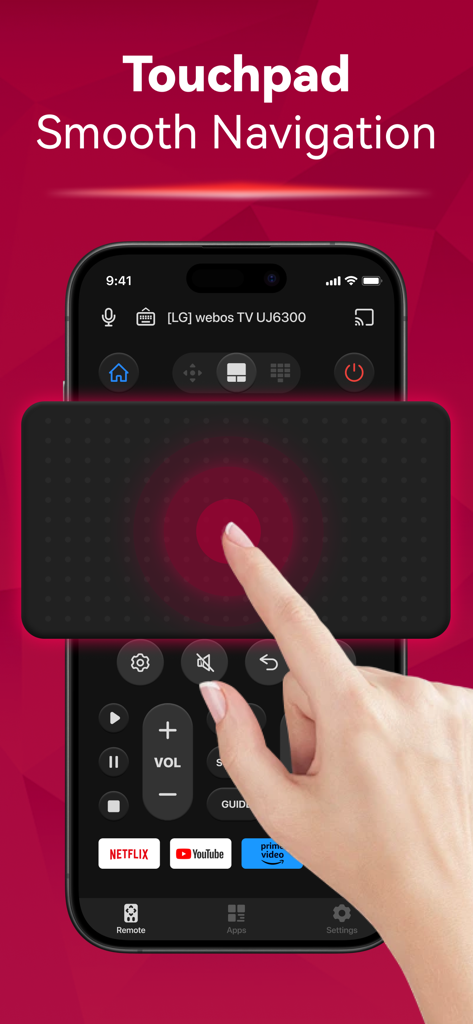 Free TV Remote for LG TVs app interface showing the touchpad navigation feature on an iPhone