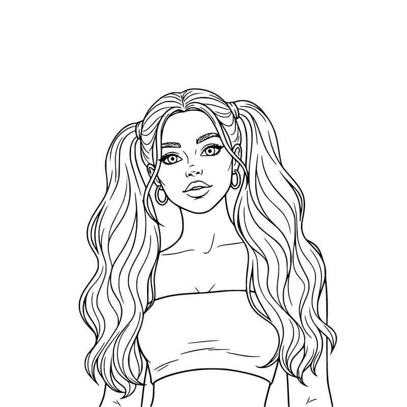 very cute girl with long hair strapless shirt and little pig tail in girls long hair on each side only neck and up and nails and earrings on the preppy girl