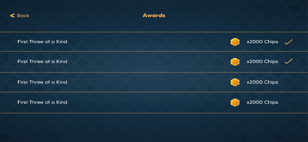 Let it Ride Poker Casino - Awards menu in Let it Ride Poker Casino showing achievements and chip rewards for completing poker hands.