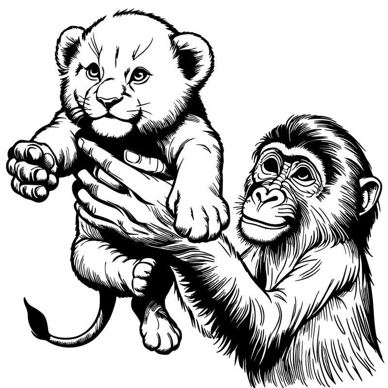 a  baby lion held over by the hands of a monkey realistic