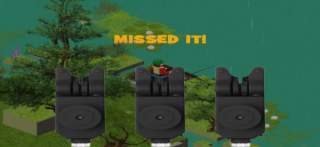 Carpcraft: Carp Fishing - Una captura de pantalla del juego Carpcraft que muestra una captura fallida en clima lluvioso con tres alarmas de picada en primer plano.