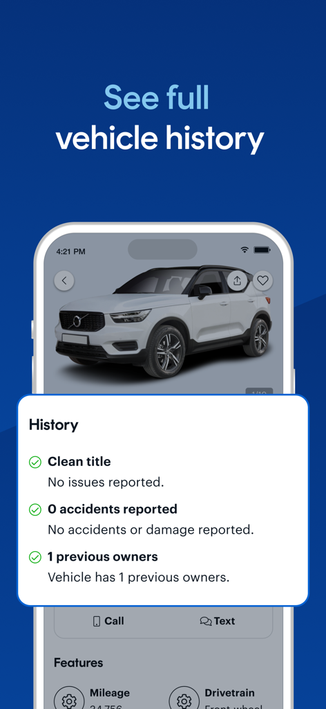 CarGurus: Used & New Cars - Mobile interface of the CarGurus app showing a vehicle history report with clean title and accident data for a used SUV