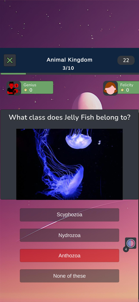 Zoology Knowledge Quiz - Tela de quiz de zoologia multijogador mostrando uma pergunta sobre a classificação de águas-vivas com feedback codificado em vermelho