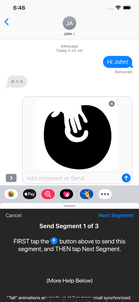 CLIPish Tall Animations - Una interfaz de iMessage que muestra el primer segmento de una animación alta de tres partes preparándose para enviarse con instrucciones paso a paso.