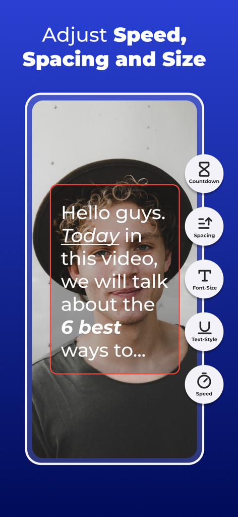 Teleprompter - VILO - VILO Teleprompter-Bildschirm, der Werkzeuge zur Skriptanpassung für Geschwindigkeit, Schriftgröße und Abstand anzeigt