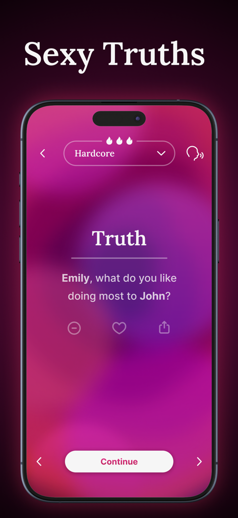 Écran du jeu Mensonges et Vérités coquines dans l'application FeelMe pour les couples, affichant une question d'intimité.