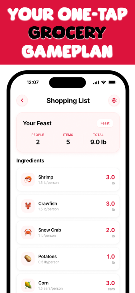 Boil Buddy: Seafood Calculator - Una lista de compras para "seafood boil" en la aplicación Boil Buddy mostrando las cantidades calculadas para camarones, cangrejos y langosta.