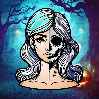 bust of a woman, half face and hair, half skull