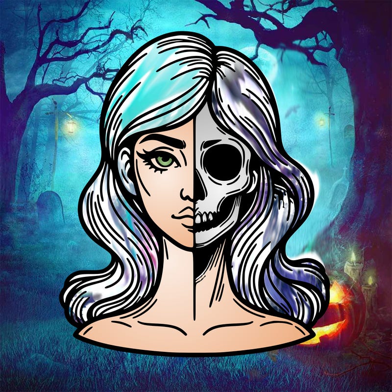 bust of a woman, half face and hair, half skull