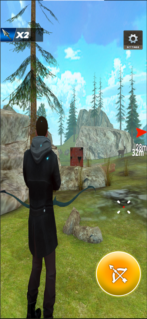 Deer Hunter Archery Master: 3D - Un cazador apuntando con un arco a un ciervo en un entorno forestal 3D realista.