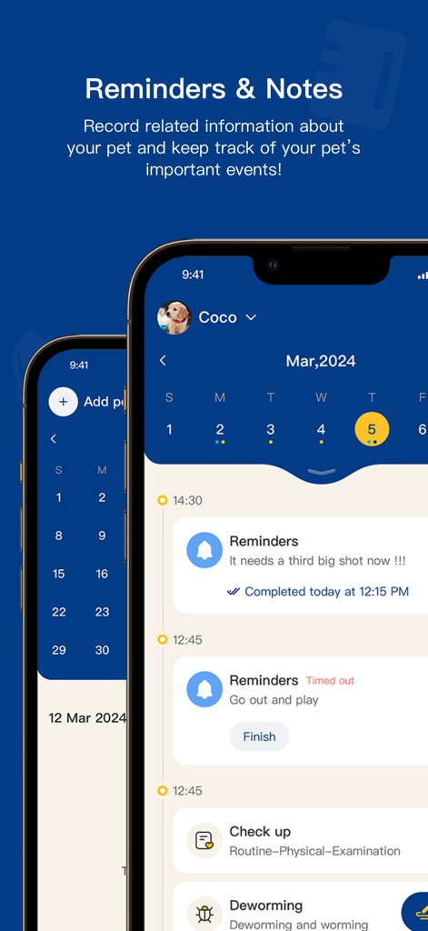 PawView app interface showing pet health reminders and a schedule calendar for a dog