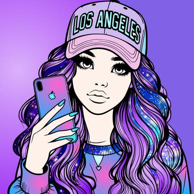 realistic beautiful girl wearing los ángeles cap holding an iphone