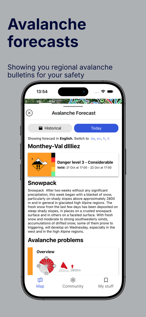 Interfaccia mobile dell'app Skida che mostra una previsione dettagliata delle valanghe regionali con livelli di pericolo e analisi del manto nevoso.