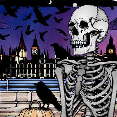 realistic skeleton with crows at night in london