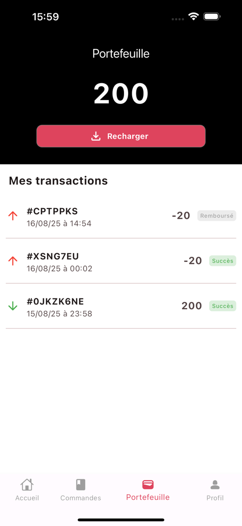 MAC Eats - Tela da carteira do aplicativo MAC Eats mostrando o saldo da conta e o histórico de transações recentes.