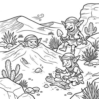 Unearth a world of sandy mischief with these adorable desert goblins! Designed for kids, this coloring page offers a delightful escape into an arid wonderland.