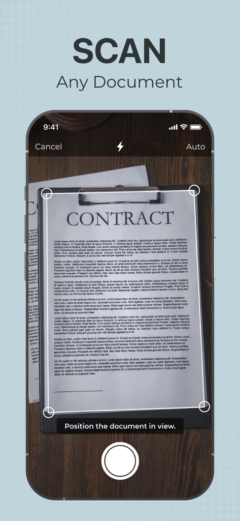 Pantalla de iPhone que muestra la interfaz de escaneo de documentos de la aplicación FAX Online capturando un contrato con detección automática de esquinas